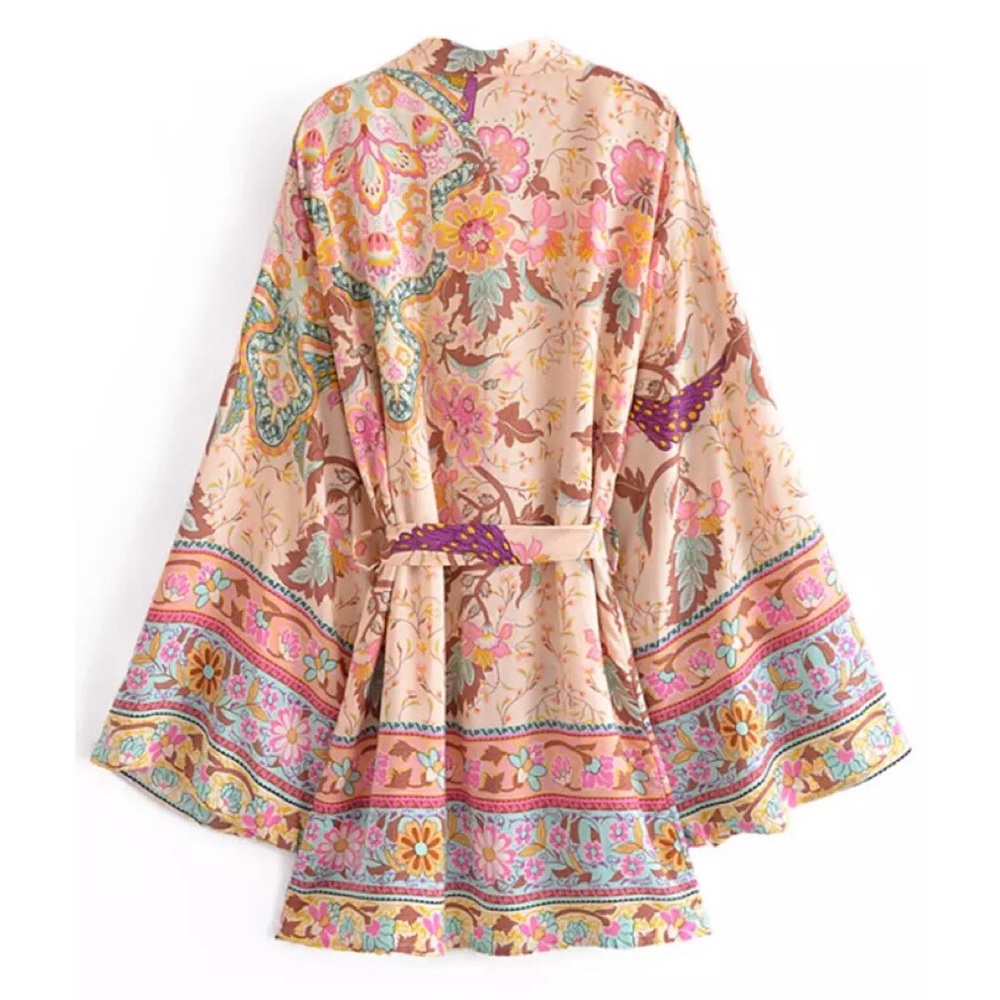 Boho bikini cover up top kimono gypsy style floral wide sleeve peacock - Picture 2 of 6